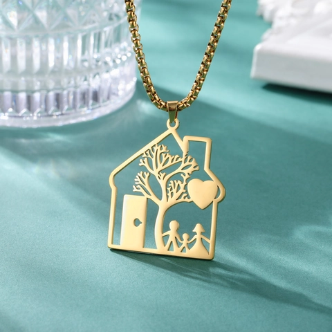 Stainless Steel Family House Pendant Necklace With Tree Of Life Heart Silhouette Box Chain Jewelry Gift For Parents Kids