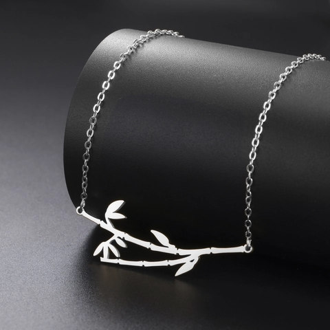 304 Stainless Steel Bamboo Branch Leaf Pendant Necklace Real Gold Plated Nature Inspired Cross Chain Unisex Fashion Jewelry Gift