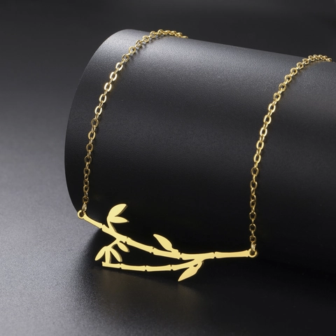 304 Stainless Steel Bamboo Branch Leaf Pendant Necklace Real Gold Plated Nature Inspired Cross Chain Unisex Fashion Jewelry Gift