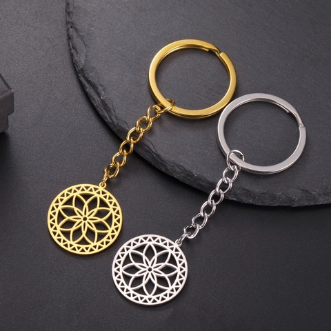 Minimalist Stainless Steel Keychain Hollow Mandala Flower Of Life Geometric Pendant Key Ring For Unisex Jewelry Gift