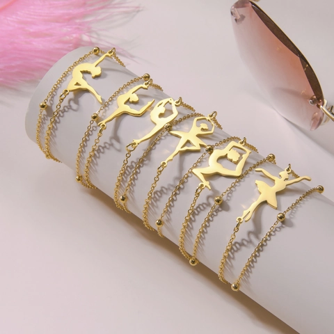 Stainless Steel Gymnast Dancer Silhouette Bracelet For Women Gold Silver Layered Chain Braided Rope Jewelry Finger Gift
