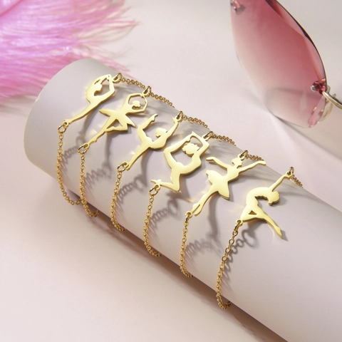 Stainless Steel Gymnast Dancer Silhouette Bracelet For Women Gold Silver Layered Chain Braided Rope Jewelry Finger Gift