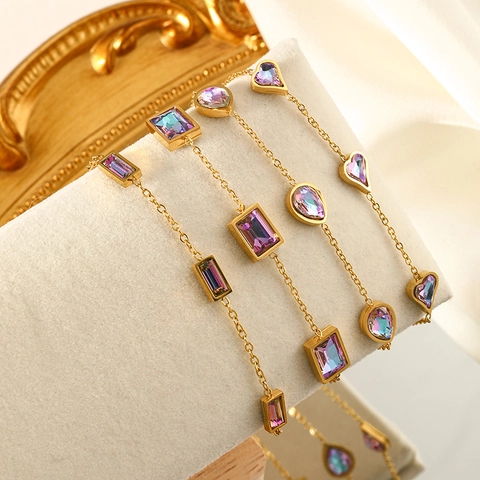 Women Stainless Steel Gold Plated Iridescent Crystal Bracelet Rectangular Heart Pear Cut Geometric Chain Fashion Jewelry
