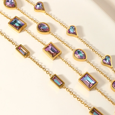 Women Stainless Steel Gold Plated Iridescent Crystal Bracelet Rectangular Heart Pear Cut Geometric Chain Fashion Jewelry