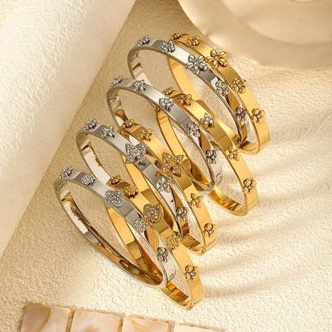 Women Stainless Steel Flower Bangle Clover Design Inlaid Zirconia Gold Silver Plated Hinged Cuff Bracelet Luxury Fashion Jewelry