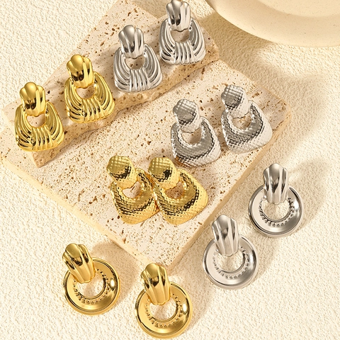 Boucles d'Oreilles Irrégulières en Acier Inoxydable pour Femmes Texture Martelée Vintage Forme Géométrique Coquille Or Argent