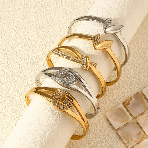 Vintage Titanium Steel Open Bangle For Women Gold Silver Plated Zirconia Rhinestone Knot Leaf Butterfly Fashion Jewelry Bracelet Gift