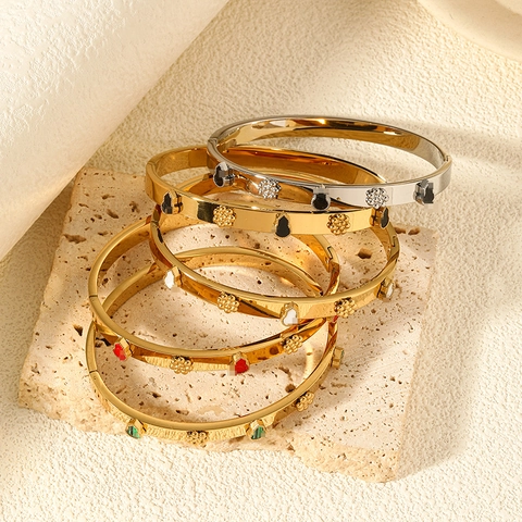Women 18K Gold Plated Stainless Steel Bangle Enamel Flower Gourd Design Fashion Niche Hinged Cuff Bracelet Jewelry Gift