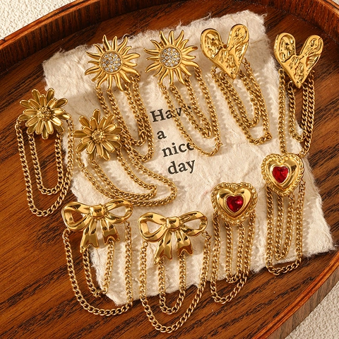 Vintage Stainless Steel Tassel Chain Earrings For Women Gold Plated Heart Daisy Sun Bowknot Rhinestone Dangle Earrings Jewelry