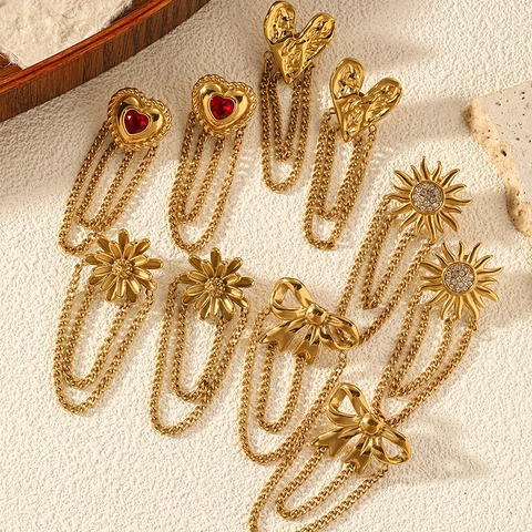 Vintage Stainless Steel Tassel Chain Earrings For Women Gold Plated Heart Daisy Sun Bowknot Rhinestone Dangle Earrings Jewelry