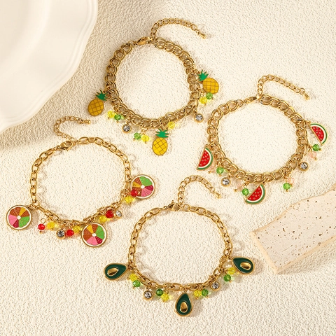Summer Fruit Charm Bracelet Stainless Steel Gold Plated Enamel Watermelon Avocado Pineapple Lemon Pendant Beads Jewelry For Women