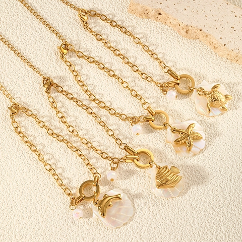 Ocean Style Stainless Steel Bracelet Gold Plated Shell Starfish Dolphin Turtle Tropical Fish Artificial Pearl Charms For Women Beach Vacation Jewelry