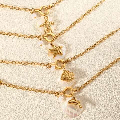 Ocean Style Stainless Steel Bracelet Gold Plated Shell Starfish Dolphin Turtle Tropical Fish Artificial Pearl Charms For Women Beach Vacation Jewelry