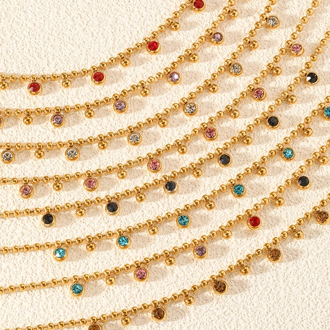 Vintage 18K Gold Plated Stainless Steel Round Ball Chain Necklace With Colorful Zircon Round Pendants For Women Jewelry