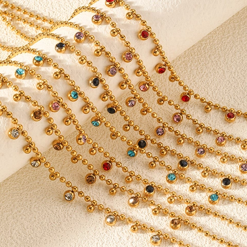 Vintage 18K Gold Plated Stainless Steel Round Ball Chain Necklace With Colorful Zircon Round Pendants For Women Jewelry