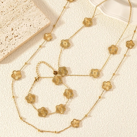 Elegante Vergulde Roestvrijstalen Sieradenset Met Ketting En Armband Bloem Met Vijf Blaadjes Voor Dames Lange Trui Ketting Sieraden