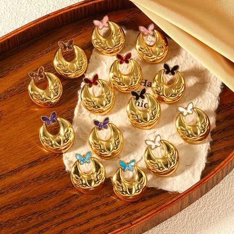 Vintage Stainless Steel Butterfly Relief Stud Earrings For Women Elegant Gold Plated Enamel Animal Shape Jewelry Gift