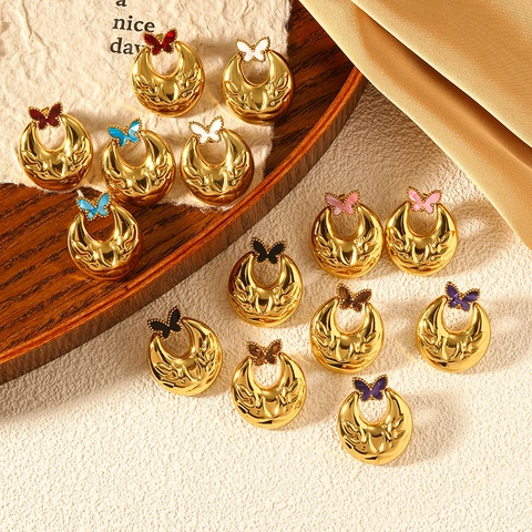 Vintage Stainless Steel Butterfly Relief Stud Earrings For Women Elegant Gold Plated Enamel Animal Shape Jewelry Gift