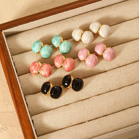 Fashion Titanium Steel Gold Plated Enamel Glaze Stud Earrings Marble Texture C Shape Double Bean Ear Jewelry For Women