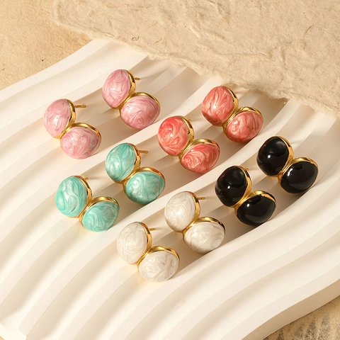 Fashion Titanium Steel Gold Plated Enamel Glaze Stud Earrings Marble Texture C Shape Double Bean Ear Jewelry For Women
