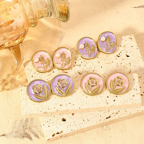 Vintage Französisch Titanstahl Emaille Ohrstecker Rose Weizen Muster Vergoldet Rosa Lila Künstliche Perlen Ohrringe Für Damen
