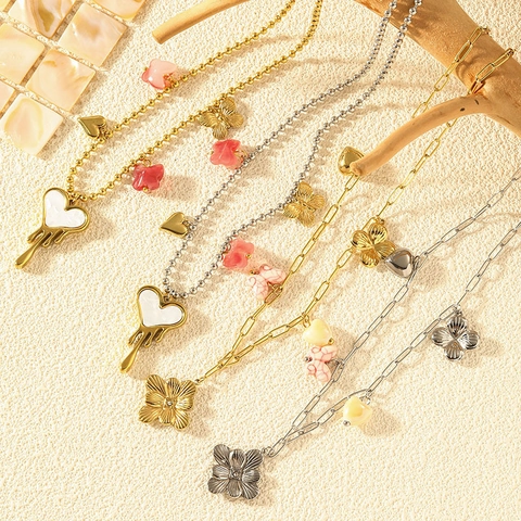 Collana con Pendente Multi Elemento in Acciaio Inossidabile 304 per Donna Placcato Oro Argento Cuore Fiore Farfalla Catena a Sfere Gioielli alla Moda