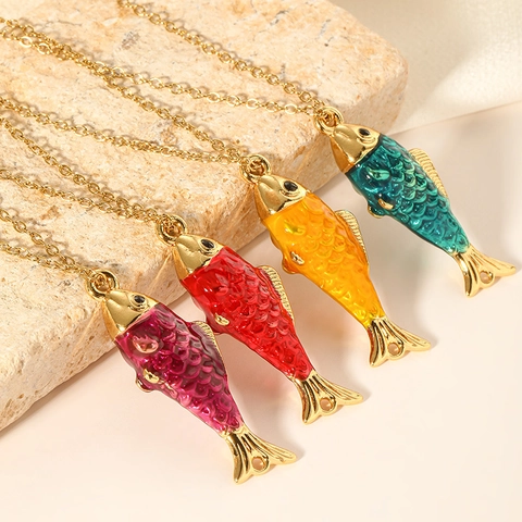 Collar con Colgante de Pez de Acero Inoxidable para Mujer Hombre Joyería de Animales Marinos de Esmalte Cadena en O de Oro