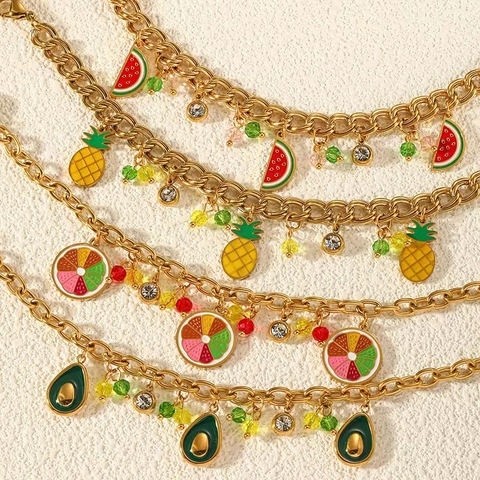 Pulsera con Dijes de Frutas de Verano de Acero Inoxidable Chapado en Oro Esmalte Sandía Aguacate Piña Limón Colgante Joyería Mujer