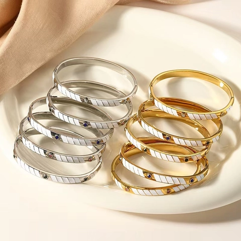 Stainless Steel Enamel Zirconia Bangle For Women Gold Silver Plated Diagonal Stripe Hinged Bracelet Fashion Jewelry Gift
