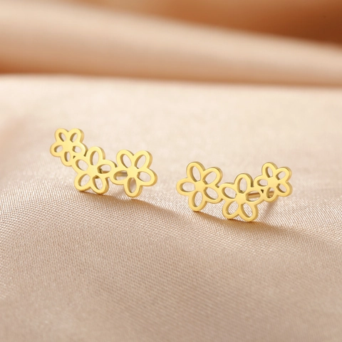 Orecchini a Bottone in Acciaio Inossidabile 304 a Tre Fiori per Donna Gioielli Minimalisti Placcati Oro Argento Floreale