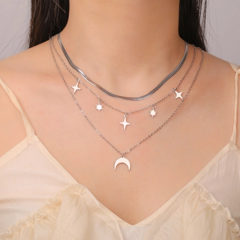 Collar Multicapa de Acero Inoxidable para Mujer Chapado en Oro Plata Cadena de Serpiente Colgante Estrella Luna Joyería
