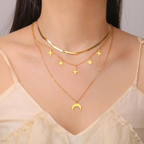 Collar Multicapa de Acero Inoxidable para Mujer Chapado en Oro Plata Cadena de Serpiente Colgante Estrella Luna Joyería