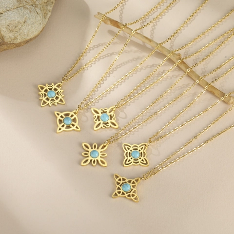 Vintage 304 Stainless Steel Celtic Witch Knot Pendant Necklace For Women Gold Steel Plated Blue Gemstone Geometric Jewelry