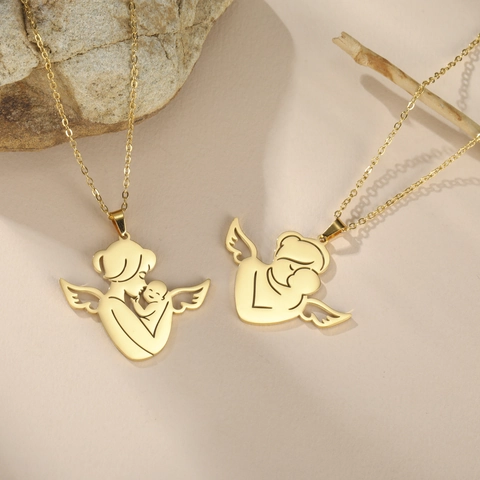 Stainless Steel Mother And Child Angel Pendant Necklace 18K Gold Plated Heart Wing Jewelry Gift For Women Mother Day