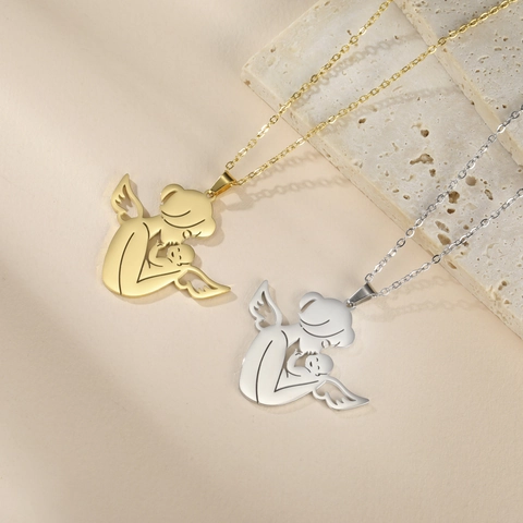 Stainless Steel Mother And Child Angel Pendant Necklace 18K Gold Plated Heart Wing Jewelry Gift For Women Mother Day