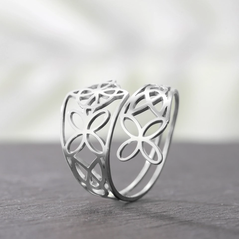 Edelstahl Cut-out Hexenknoten Offener Ring Für Damen Mädchen Gold Stahlfarbe Geometrische Blume Verstellbar Modeschmuck