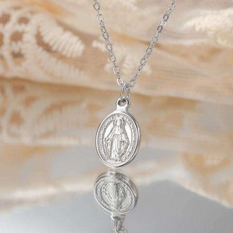 Stainless Steel Miraculous Medal Virgin Mary Oval Pendant Necklace 18K Gold Plated Religious Jewelry For Men Women Gift