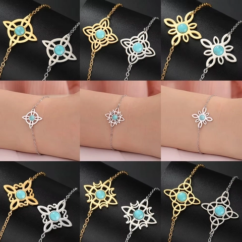 Keltischer Hexenknoten Edelstahl Armband Für Damen Gold Silber Plattiert Synthetischer Türkis Anhänger Armband Boho Sonnenblume Schmuck Geschenk