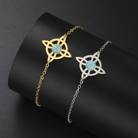 Keltischer Hexenknoten Edelstahl Armband Für Damen Gold Silber Plattiert Synthetischer Türkis Anhänger Armband Boho Sonnenblume Schmuck Geschenk
