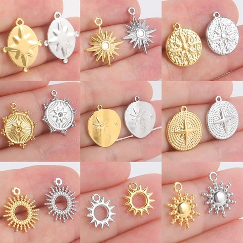 304 Stainless Steel Sun Star Pendant Charms Round Celestial Compass North Star Pendant For DIY Jewelry Making Women Necklace Accessories