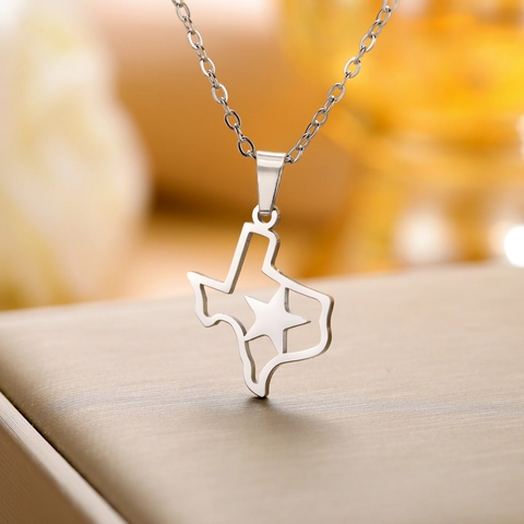 304 Stainless Steel Texas State Map Outline Pendant Necklace Hollow Pentagram Star Fashion Jewelry For Men Women Gift