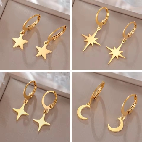Minimalist 304 Stainless Steel Hoop Earrings With Celestial Star Moon North Star Pendant Gold Silver Jewelry For Women Men