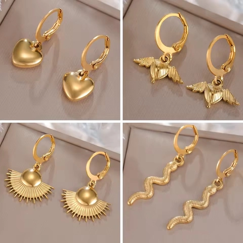 Orecchini a Cerchio Pendenti Vintage in Acciaio Inossidabile a Forma di Serpente Farfalla Cuore Stella per Donna Placcati Oro 18K