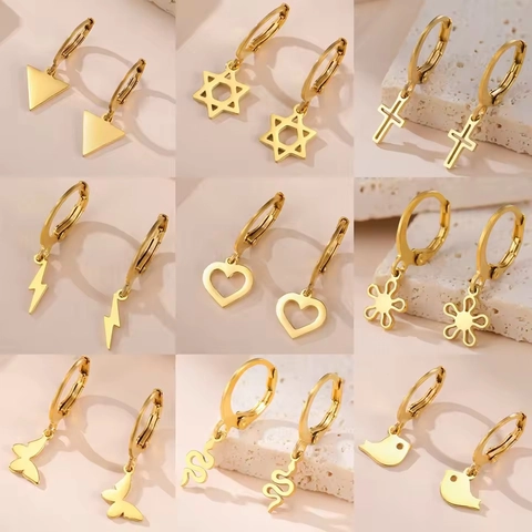 Stainless Steel Hoop Earrings With Charms Heart Snake Cross Butterfly Bird Star Of David Lightning Basketball For Women Men