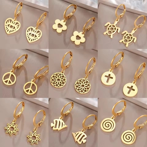 Stainless Steel Hoop Earrings For Women Gold Silver Plated Heart Cross Sun Turtle Peace Sign Fish Flower Pendant Fashion Jewelry Gift