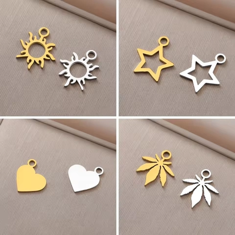 Stainless Steel DIY Pendants Sun Star Heart Maple Leaf Flower Round Cloud Monstera Charms For Jewelry Making Gold Plated