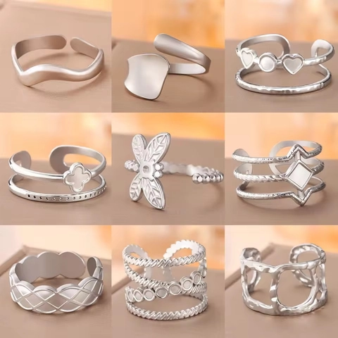 304 Stainless Steel Open Rings For Women Irregular Geometric Adjustable Ring Dragonfly Four Leaf Clover Jewelry Gift