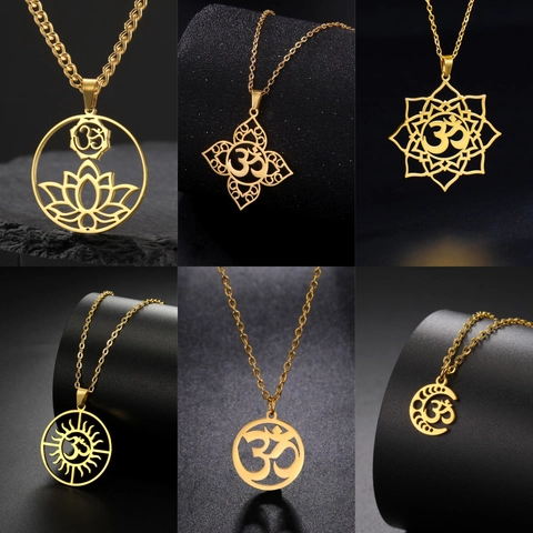 Stainless Steel Om Lotus Yoga Pendant Necklace 18K Gold Plated Mandala Sun Moon Hollow Geometric Charm Jewelry For Women
