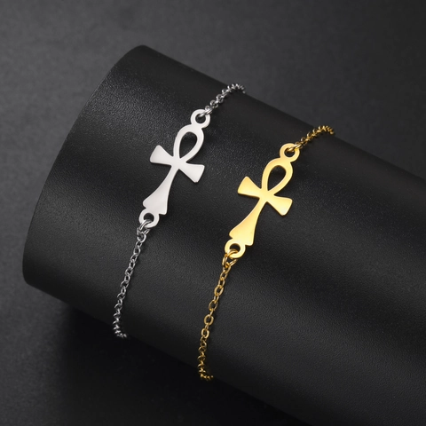 Stainless Steel Ankh Cross Bracelet For Men Women Gold Silver Plated Religious Life Key Charm Adjustable Hand Jewelry Gift