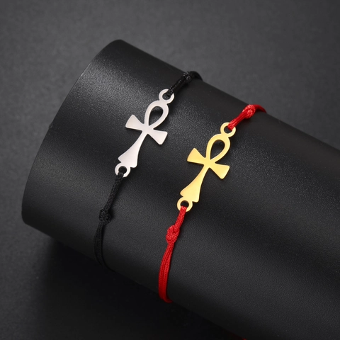 Stainless Steel Ankh Cross Bracelet For Men Women Gold Silver Plated Religious Life Key Charm Adjustable Hand Jewelry Gift
